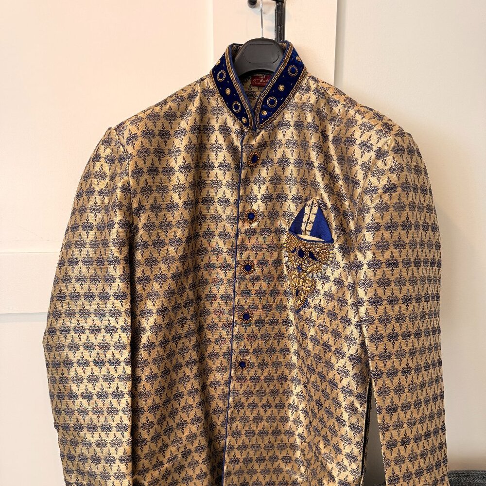 Gold/Blue Men's Sherwani (Jacket & Pants) - 44cm (L/XL)